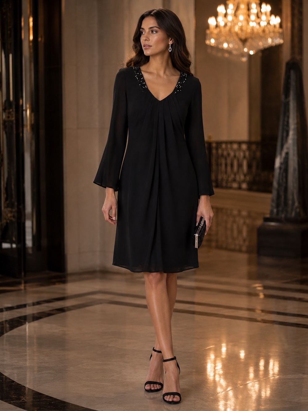 American Glamour by Badgley‎ Mischka Black Embellished V-Neck Dress Size Small